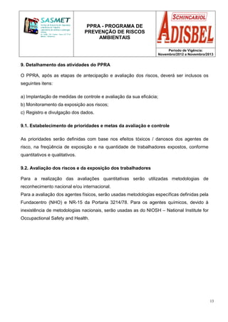 PPRA - PROGRAMA DE
PREVENÇÃO DE RISCOS
AMBIENTAIS
Período de Vigência:
Novembro/2012 a Novembro/2013
13
9. Detalhamento das atividades do PPRA
O PPRA, após as etapas de antecipação e avaliação dos riscos, deverá ser inclusos os
seguintes itens:
a) Implantação de medidas de controle e avaliação da sua eficácia;
b) Monitoramento da exposição aos riscos;
c) Registro e divulgação dos dados.
9.1. Estabelecimento de prioridades e metas da avaliação e controle
As prioridades serão definidas com base nos efeitos tóxicos / danosos dos agentes de
risco, na freqüência de exposição e na quantidade de trabalhadores expostos, conforme
quantitativos e qualitativos.
9.2. Avaliação dos riscos e da exposição dos trabalhadores
Para a realização das avaliações quantitativas serão utilizadas metodologias de
reconhecimento nacional e/ou internacional.
Para a avaliação dos agentes físicos, serão usadas metodologias específicas definidas pela
Fundacentro (NHO) e NR-15 da Portaria 3214/78. Para os agentes químicos, devido à
inexistência de metodologias nacionais, serão usadas as do NIOSH – National Institute for
Occupactional Safety and Health.
 