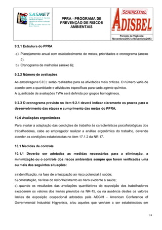 PPRA - PROGRAMA DE
PREVENÇÃO DE RISCOS
AMBIENTAIS
Período de Vigência:
Novembro/2012 a Novembro/2013
14
9.2.1 Estrutura do PPRA
a) Planejamento anual com estabelecimento de metas, prioridades e cronograma (anexo
5);
b) Cronograma de melhorias (anexo 6);
9.2.2 Número de avaliações
As amostragens STEL serão realizadas para as atividades mais críticas. O número varia de
acordo com a quantidade e atividades específicas para cada agente químico.
A quantidade de avaliações TWA será definida por grupos homogêneos.
9.2.3 O cronograma previsto no item 9.2.1 deverá indicar claramente os prazos para o
desenvolvimento das etapas e cumprimento das metas do PPRA.
10.0 Avaliações ergonômicas
Para avaliar a adaptação das condições de trabalho às características psicofisiológicas dos
trabalhadores, cabe ao empregador realizar a análise ergonômica do trabalho, devendo
atender as condições estabelecidas no item 17.1.2 da NR 17.
10.1 Medidas de controle
10.1.1 Deverão ser adotadas as medidas necessárias para a eliminação, a
minimização ou o controle dos riscos ambientais sempre que forem verificadas uma
ou mais das seguintes situações:
a) identificação, na fase de antecipação ao risco potencial à saúde;
b) constatação, na fase de reconhecimento ao risco evidente à saúde;
c) quando os resultados das avaliações quantitativas da exposição dos trabalhadores
excederem os valores dos limites previstos na NR-15, ou na ausência destes os valores
limites de exposição ocupacional adotados pela ACGIH - American Conference of
Governmental Industrial Higyenists, e/ou aqueles que venham a ser estabelecidos em
 