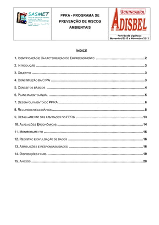 PPRA - PROGRAMA DE
PREVENÇÃO DE RISCOS
AMBIENTAIS
Período de Vigência:
Novembro/2012 a Novembro/2013
ÍNDICE
1. IDENTIFICAÇÃO E CARACTERIZAÇÃO DO EMPREENDIMENTO ......................................................2
2. INTRODUÇÃO .........................................................................................................................3
3. OBJETIVO .............................................................................................................................3
4. CONSTITUIÇÃO DA CIPA ........................................................................................................3
5. CONCEITOS BÁSICOS .............................................................................................................4
6. PLANEJAMENTO ANUAL ..........................................................................................................5
7. DESENVOLVIMENTO DO PPRA ................................................................................................6
8. RECURSOS NECESSÁRIOS.......................................................................................................8
9. DETALHAMENTO DAS ATIVIDADES DO PPRA ..........................................................................13
10. AVALIAÇÕES ERGONÔMICAS ...............................................................................................14
11. MONITORAMENTO ..............................................................................................................16
12. REGISTRO E DIVULGAÇÃO DE DADOS ...................................................................................16
13. ATRIBUIÇÕES E RESPONSABILIDADES ..................................................................................16
14. DISPOSIÇÕES FINAIS ..........................................................................................................19
15. ANEXOS ............................................................................................................................20
 