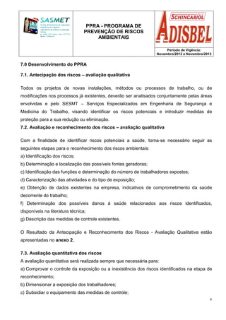 PPRA - PROGRAMA DE
PREVENÇÃO DE RISCOS
AMBIENTAIS
Período de Vigência:
Novembro/2012 a Novembro/2013
6
7.0 Desenvolvimento do PPRA
7.1. Antecipação dos riscos – avaliação qualitativa
Todos os projetos de novas instalações, métodos ou processos de trabalho, ou de
modificações nos processos já existentes, deverão ser analisados conjuntamente pelas áreas
envolvidas e pelo SESMT – Serviços Especializados em Engenharia de Segurança e
Medicina do Trabalho, visando identificar os riscos potenciais e introduzir medidas de
proteção para a sua redução ou eliminação.
7.2. Avaliação e reconhecimento dos riscos – avaliação qualitativa
Com a finalidade de identificar riscos potenciais a saúde, torna-se necessário seguir as
seguintes etapas para o reconhecimento dos riscos ambientais:
a) Identificação dos riscos;
b) Determinação e localização das possíveis fontes geradoras;
c) Identificação das funções e determinação do número de trabalhadores expostos;
d) Caracterização das atividades e do tipo de exposição;
e) Obtenção de dados existentes na empresa, indicativos de comprometimento da saúde
decorrente do trabalho;
f) Determinação dos possíveis danos à saúde relacionados aos riscos identificados,
disponíveis na literatura técnica;
g) Descrição das medidas de controle existentes.
O Resultado da Antecipação e Reconhecimento dos Riscos - Avaliação Qualitativa estão
apresentadas no anexo 2.
7.3. Avaliação quantitativa dos riscos
A avaliação quantitativa será realizada sempre que necessária para:
a) Comprovar o controle da exposição ou a inexistência dos riscos identificados na etapa de
reconhecimento;
b) Dimensionar a exposição dos trabalhadores;
c) Subsidiar o equipamento das medidas de controle;
 