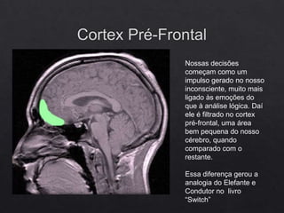 Nossas decisões
começam como um
impulso gerado no nosso
inconsciente, muito mais
ligado às emoções do
que à análise lógica. Daí
ele é filtrado no cortex
pré-frontal, uma área
bem pequena do nosso
cérebro, quando
comparado com o
restante.
Essa diferença gerou a
analogia do Elefante e
Condutor no livro
“Switch”
 