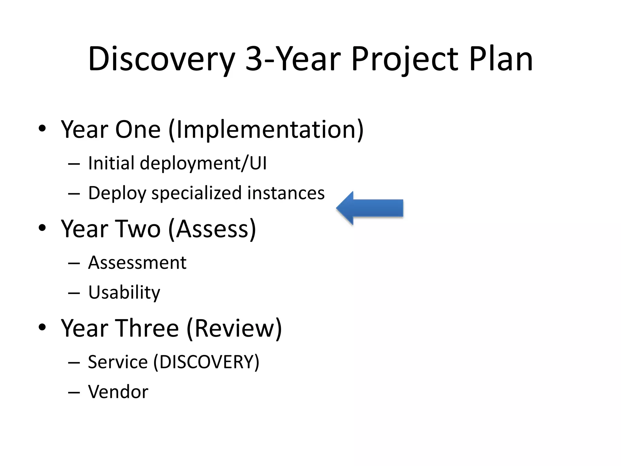Discovery 3-Year Project PlanYear One (Implementation)Initial deployment/UIDeploy specialized instancesYear Two (Assess)AssessmentUsabilityYear Three (Review)Service (DISCOVERY) Vendor