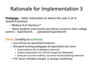Rationale for Implementation 3Pedagogy – tailor instruction to where the user is at in research process     -- Reduce # of interfaces*     --  Many students only receive one library session in their college careers :  SuperSearch . . . specialized SuperSearchMixed, trending to achieved.Jury still out on specialized instancesDisrupted existing pedagogies & expectations for someCustomizations (Go to Database) (internal)Student expectations (it’s still not Google) (or Wikipedia)Doing too much for students, too many results/confusing (external)FYS* fewer interfaces taught, IL stronger (authority) 
