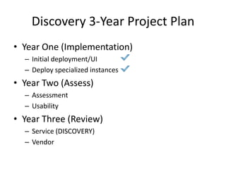 Discovery 3-Year Project PlanYear One (Implementation)Initial deployment/UIDeploy specialized instancesYear Two (Assess)AssessmentUsabilityYear Three (Review)Service (DISCOVERY) Vendor