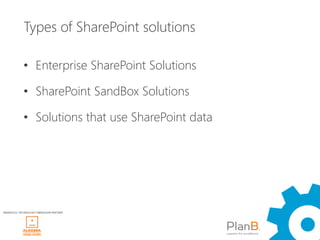 Types of SharePoint solutions

             • Enterprise SharePoint Solutions

             • SharePoint SandBox Solutions

             • Solutions that use SharePoint data




WINDAYS12 TECHNOLOGY OBRAZOVNI PARTNER
 