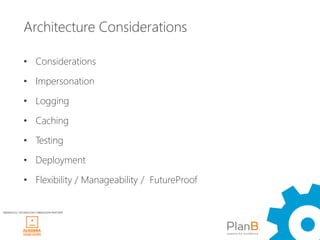Architecture Considerations
            Quality attributes
                                 –   Security
                                 –   Performance
                                 –   Concurrency
                                 –   Localization / Internationalization
                                 –   Configuration

             • Considerations
                                 –   …




             • Impersonation

             • Logging

             • Caching

             • Testing

             • Deployment

             • Flexibility / Manageability / FutureProof


WINDAYS12 TECHNOLOGY OBRAZOVNI PARTNER
 