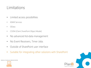 Limitations

             • Limited access possibilities
             •      ASMX Services

             •      OData

             •      CSOM (Client SharePoint Object Model)

             • No advanced list-data management

             • No Event Receivers, Timer Jobs

             • Outside of SharePoint user interface

             • Suitable for integrating other solutions with SharePoint


WINDAYS12 TECHNOLOGY OBRAZOVNI PARTNER
 