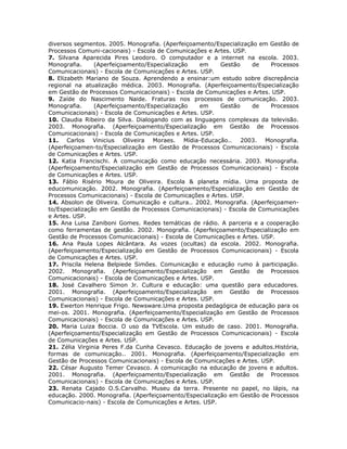 diversos segmentos. 2005. Monografia. (Aperfeiçoamento/Especialização em Gestão de
Processos Comuni-cacionais) - Escola de Comunicações e Artes. USP.
7. Silvana Aparecida Pires Leodoro. O computador e a internet na escola. 2003.
Monografia.     (Aperfeiçoamento/Especialização   em     Gestão     de    Processos
Comunicacionais) - Escola de Comunicações e Artes. USP.
8. Elizabeth Mariano de Souza. Aprendendo a ensinar:um estudo sobre discrepância
regional na atualização médica. 2003. Monografia. (Aperfeiçoamento/Especialização
em Gestão de Processos Comunicacionais) - Escola de Comunicações e Artes. USP.
9. Zaíde do Nascimento Naide. Fraturas nos processos de comunicação. 2003.
Monografia.     (Aperfeiçoamento/Especialização   em     Gestão     de    Processos
Comunicacionais) - Escola de Comunicações e Artes. USP.
10. Claudia Ribeiro da Silva. Dialogando com as linguagens complexas da televisão.
2003. Monografia. (Aperfeiçoamento/Especialização em Gestão de Processos
Comunicacionais) - Escola de Comunicações e Artes. USP.
11. Carlos Vinicius Oliveira Moraes. Mídia-Educação.. 2003. Monografia.
(Aperfeiçoamen-to/Especialização em Gestão de Processos Comunicacionais) - Escola
de Comunicações e Artes. USP.
12. Katia Francischi. A comunicação como educação necessária. 2003. Monografia.
(Aperfeiçoamento/Especialização em Gestão de Processos Comunicacionais) - Escola
de Comunicações e Artes. USP.
13. Fábio Risério Moura de Oliveira. Escola & planeta mídia. Uma proposta de
educomunicação. 2002. Monografia. (Aperfeiçoamento/Especialização em Gestão de
Processos Comunicacionais) - Escola de Comunicações e Artes. USP.
14. Absolon de Oliveira. Comunicação e cultura.. 2002. Monografia. (Aperfeiçoamen-
to/Especialização em Gestão de Processos Comunicacionais) - Escola de Comunicações
e Artes. USP.
15. Ana Luisa Zaniboni Gomes. Redes temáticas de rádio. A parceria e a cooperação
como ferramentas de gestão. 2002. Monografia. (Aperfeiçoamento/Especialização em
Gestão de Processos Comunicacionais) - Escola de Comunicações e Artes. USP.
16. Ana Paula Lopes Alcântara. As vozes (ocultas) da escola. 2002. Monografia.
(Aperfeiçoamento/Especialização em Gestão de Processos Comunicacionais) - Escola
de Comunicações e Artes. USP.
17. Priscila Helena Belpiede Simões. Comunicação e educação rumo à participação.
2002. Monografia. (Aperfeiçoamento/Especialização em Gestão de Processos
Comunicacionais) - Escola de Comunicações e Artes. USP.
18. José Cavalhero Simon Jr. Cultura e educação: uma questão para educadores.
2001. Monografia. (Aperfeiçoamento/Especialização em Gestão de Processos
Comunicacionais) - Escola de Comunicações e Artes. USP.
19. Ewerton Henrique Frigo. Newsware.Uma proposta pedagógica de educação para os
mei-os. 2001. Monografia. (Aperfeiçoamento/Especialização em Gestão de Processos
Comunicacionais) - Escola de Comunicações e Artes. USP.
20. Maria Luiza Boccia. O uso da TVEscola. Um estudo de caso. 2001. Monografia.
(Aperfeiçoamento/Especialização em Gestão de Processos Comunicacionais) - Escola
de Comunicações e Artes. USP.
21. Zélia Virginia Peres F.da Cunha Cevasco. Educação de jovens e adultos.História,
formas de comunicação.. 2001. Monografia. (Aperfeiçoamento/Especialização em
Gestão de Processos Comunicacionais) - Escola de Comunicações e Artes. USP.
22. César Augusto Temer Cevasco. A comunicação na educação de jovens e adultos.
2001. Monografia. (Aperfeiçoamento/Especialização em Gestão de Processos
Comunicacionais) - Escola de Comunicações e Artes. USP.
23. Renata Cajado O.S.Carvalho. Museu da terra. Presente no papel, no lápis, na
educação. 2000. Monografia. (Aperfeiçoamento/Especialização em Gestão de Processos
Comunicacio-nais) - Escola de Comunicações e Artes. USP.
 