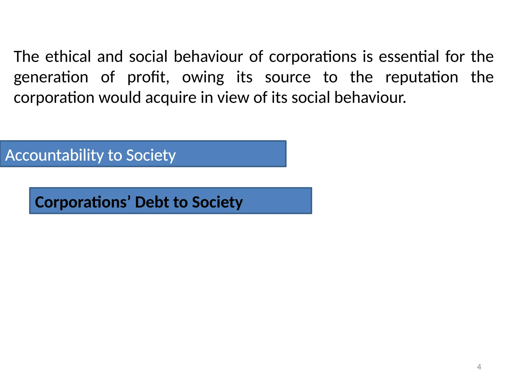 4
The ethical and social behaviour of corporations is essential for the
generation of profit, owing its source to the reputation the
corporation would acquire in view of its social behaviour.
Accountability to Society
Corporations’ Debt to Society
 