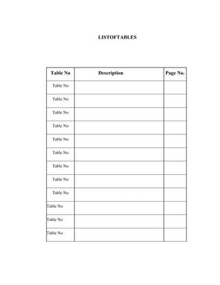 LISTOFTABLES
Table No Description Page No.
Table No
Table No
Table No
Table No
Table No
Table No
Table No
Table No
Table No
Table No
Table No
Table No
 