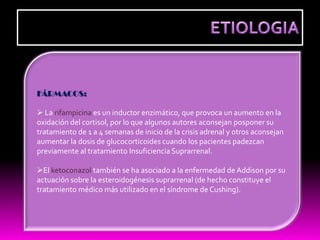 FÁRMACOS:

 La rifampicina es un inductor enzimático, que provoca un aumento en la
oxidación del cortisol, por lo que algunos autores aconsejan posponer su
tratamiento de 1 a 4 semanas de inicio de la crisis adrenal y otros aconsejan
aumentar la dosis de glucocorticoides cuando los pacientes padezcan
previamente al tratamiento Insuficiencia Suprarrenal.

El ketoconazol también se ha asociado a la enfermedad de Addison por su
actuación sobre la esteroidogénesis suprarrenal (de hecho constituye el
tratamiento médico más utilizado en el síndrome de Cushing).
 