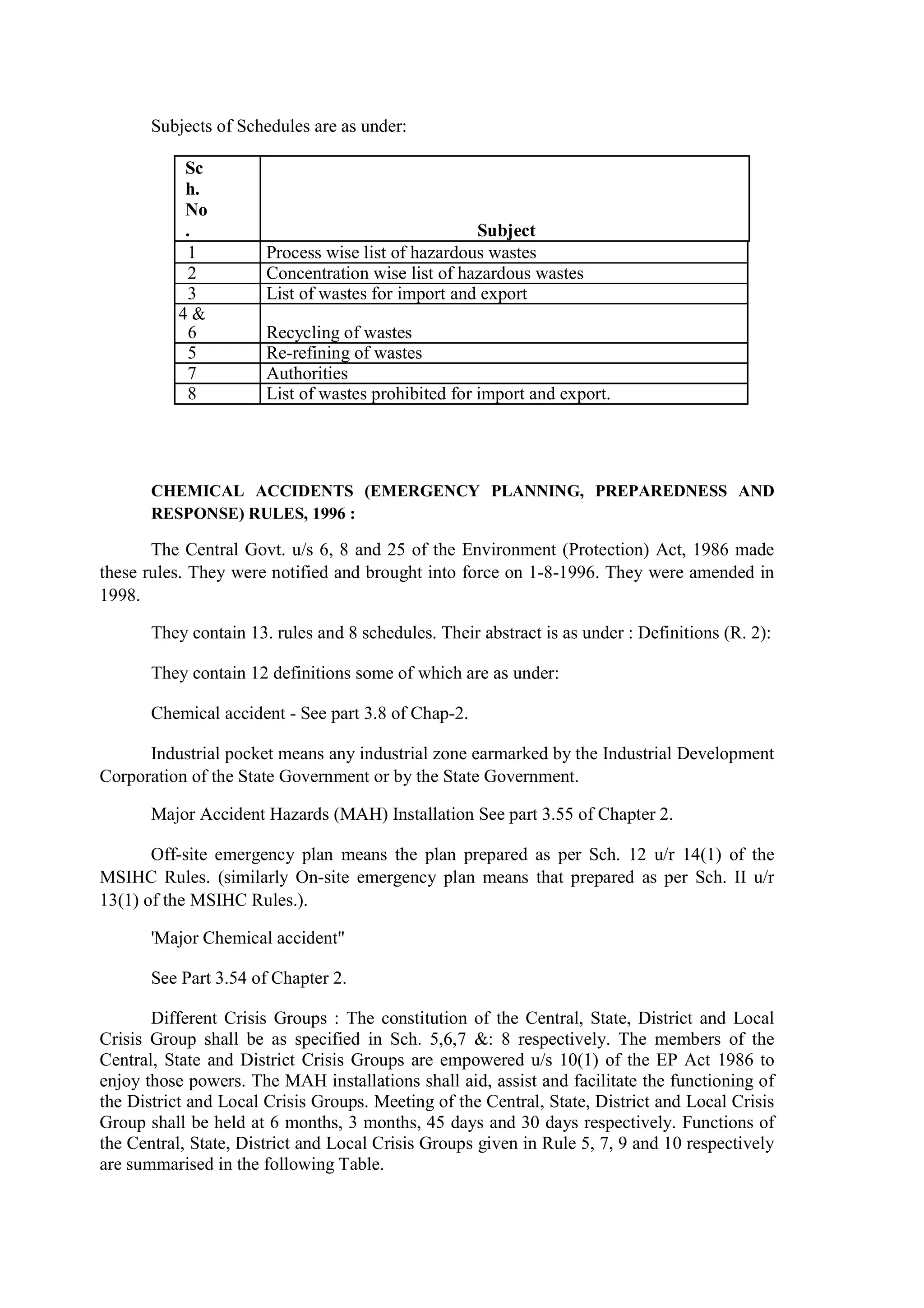 Subjects of Schedules are as under:
Sc
h.
No
. Subject
1 Process wise list of hazardous wastes
2 Concentration wise list of hazardous wastes
3 List of wastes for import and export
4 &
6 Recycling of wastes
5 Re-refining of wastes
7 Authorities
8 List of wastes prohibited for import and export.
CHEMICAL ACCIDENTS (EMERGENCY PLANNING, PREPAREDNESS AND
RESPONSE) RULES, 1996 :
The Central Govt. u/s 6, 8 and 25 of the Environment (Protection) Act, 1986 made
these rules. They were notified and brought into force on 1-8-1996. They were amended in
1998.
They contain 13. rules and 8 schedules. Their abstract is as under : Definitions (R. 2):
They contain 12 definitions some of which are as under:
Chemical accident - See part 3.8 of Chap-2.
Industrial pocket means any industrial zone earmarked by the Industrial Development
Corporation of the State Government or by the State Government.
Major Accident Hazards (MAH) Installation See part 3.55 of Chapter 2.
Off-site emergency plan means the plan prepared as per Sch. 12 u/r 14(1) of the
MSIHC Rules. (similarly On-site emergency plan means that prepared as per Sch. II u/r
13(1) of the MSIHC Rules.).
'Major Chemical accident"
See Part 3.54 of Chapter 2.
Different Crisis Groups : The constitution of the Central, State, District and Local
Crisis Group shall be as specified in Sch. 5,6,7 &: 8 respectively. The members of the
Central, State and District Crisis Groups are empowered u/s 10(1) of the EP Act 1986 to
enjoy those powers. The MAH installations shall aid, assist and facilitate the functioning of
the District and Local Crisis Groups. Meeting of the Central, State, District and Local Crisis
Group shall be held at 6 months, 3 months, 45 days and 30 days respectively. Functions of
the Central, State, District and Local Crisis Groups given in Rule 5, 7, 9 and 10 respectively
are summarised in the following Table.
 