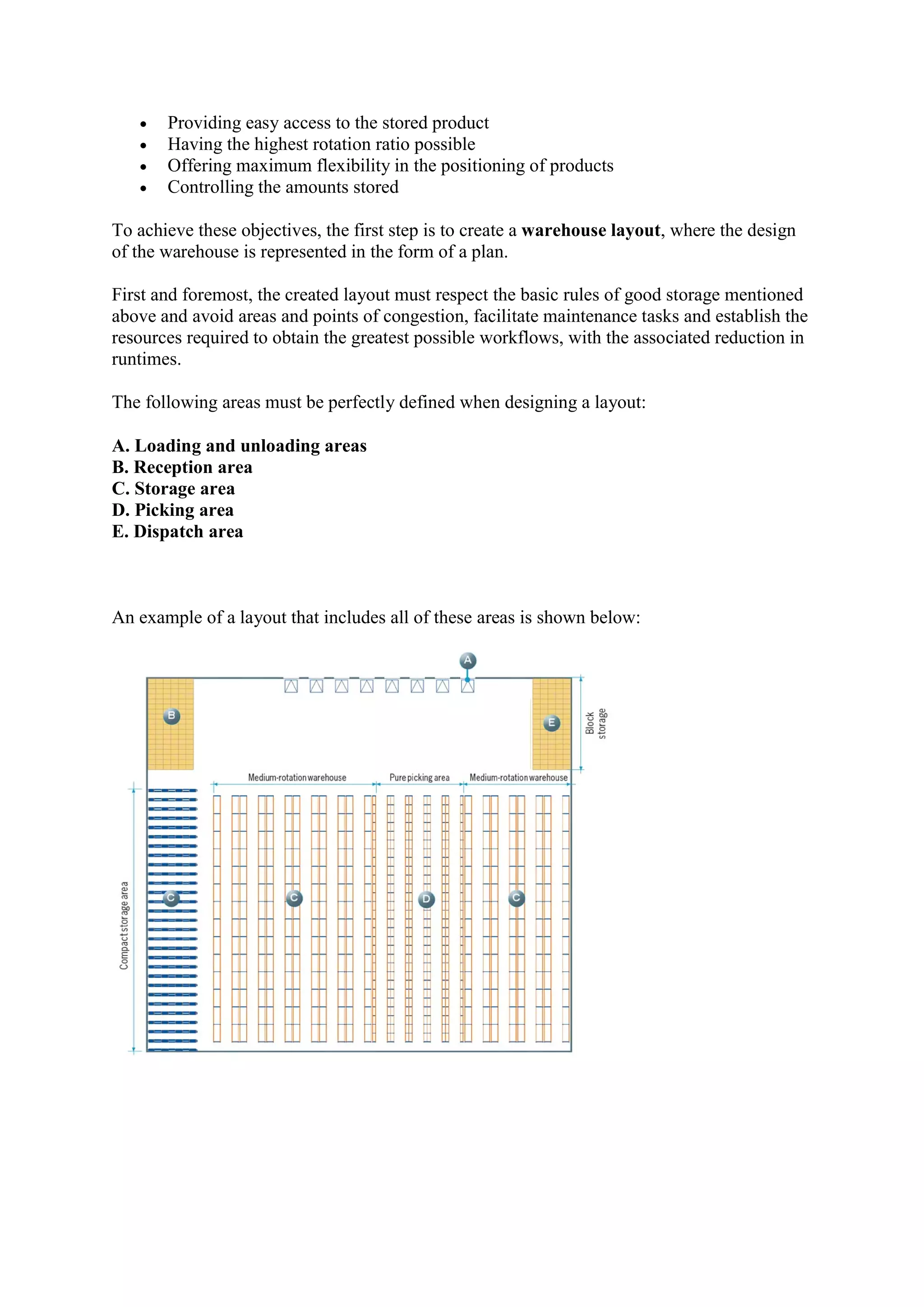  Providing easy access to the stored product
 Having the highest rotation ratio possible
 Offering maximum flexibility in the positioning of products
 Controlling the amounts stored
To achieve these objectives, the first step is to create a warehouse layout, where the design
of the warehouse is represented in the form of a plan.
First and foremost, the created layout must respect the basic rules of good storage mentioned
above and avoid areas and points of congestion, facilitate maintenance tasks and establish the
resources required to obtain the greatest possible workflows, with the associated reduction in
runtimes.
The following areas must be perfectly defined when designing a layout:
A. Loading and unloading areas
B. Reception area
C. Storage area
D. Picking area
E. Dispatch area
An example of a layout that includes all of these areas is shown below:
 