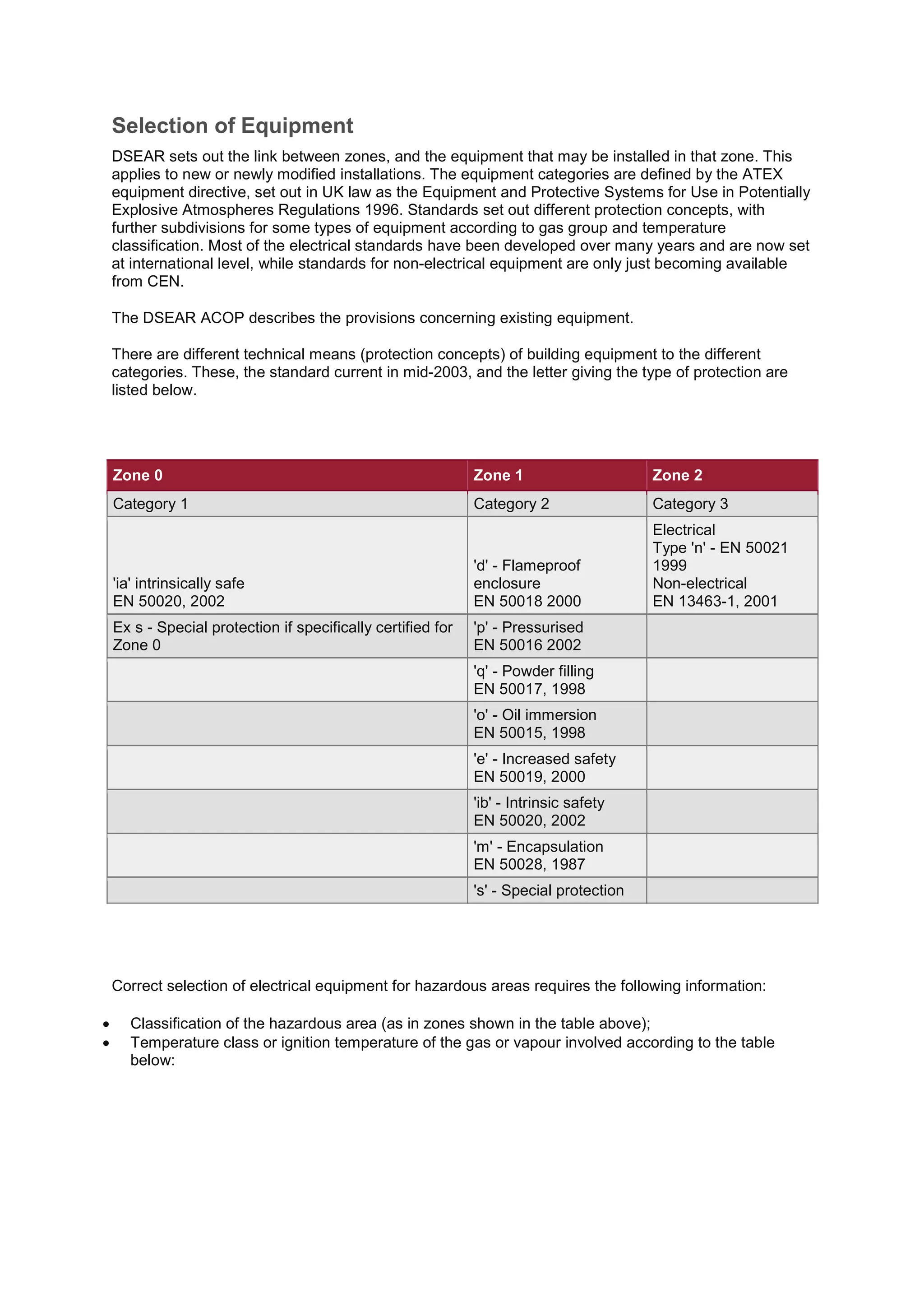 Selection of Equipment
DSEAR sets out the link between zones, and the equipment that may be installed in that zone. This
applies to new or newly modified installations. The equipment categories are defined by the ATEX
equipment directive, set out in UK law as the Equipment and Protective Systems for Use in Potentially
Explosive Atmospheres Regulations 1996. Standards set out different protection concepts, with
further subdivisions for some types of equipment according to gas group and temperature
classification. Most of the electrical standards have been developed over many years and are now set
at international level, while standards for non-electrical equipment are only just becoming available
from CEN.
The DSEAR ACOP describes the provisions concerning existing equipment.
There are different technical means (protection concepts) of building equipment to the different
categories. These, the standard current in mid-2003, and the letter giving the type of protection are
listed below.
Zone 0 Zone 1 Zone 2
Category 1 Category 2 Category 3
'ia' intrinsically safe
EN 50020, 2002
'd' - Flameproof
enclosure
EN 50018 2000
Electrical
Type 'n' - EN 50021
1999
Non-electrical
EN 13463-1, 2001
Ex s - Special protection if specifically certified for
Zone 0
'p' - Pressurised
EN 50016 2002
'q' - Powder filling
EN 50017, 1998
'o' - Oil immersion
EN 50015, 1998
'e' - Increased safety
EN 50019, 2000
'ib' - Intrinsic safety
EN 50020, 2002
'm' - Encapsulation
EN 50028, 1987
's' - Special protection
Correct selection of electrical equipment for hazardous areas requires the following information:
 Classification of the hazardous area (as in zones shown in the table above);
 Temperature class or ignition temperature of the gas or vapour involved according to the table
below:
 