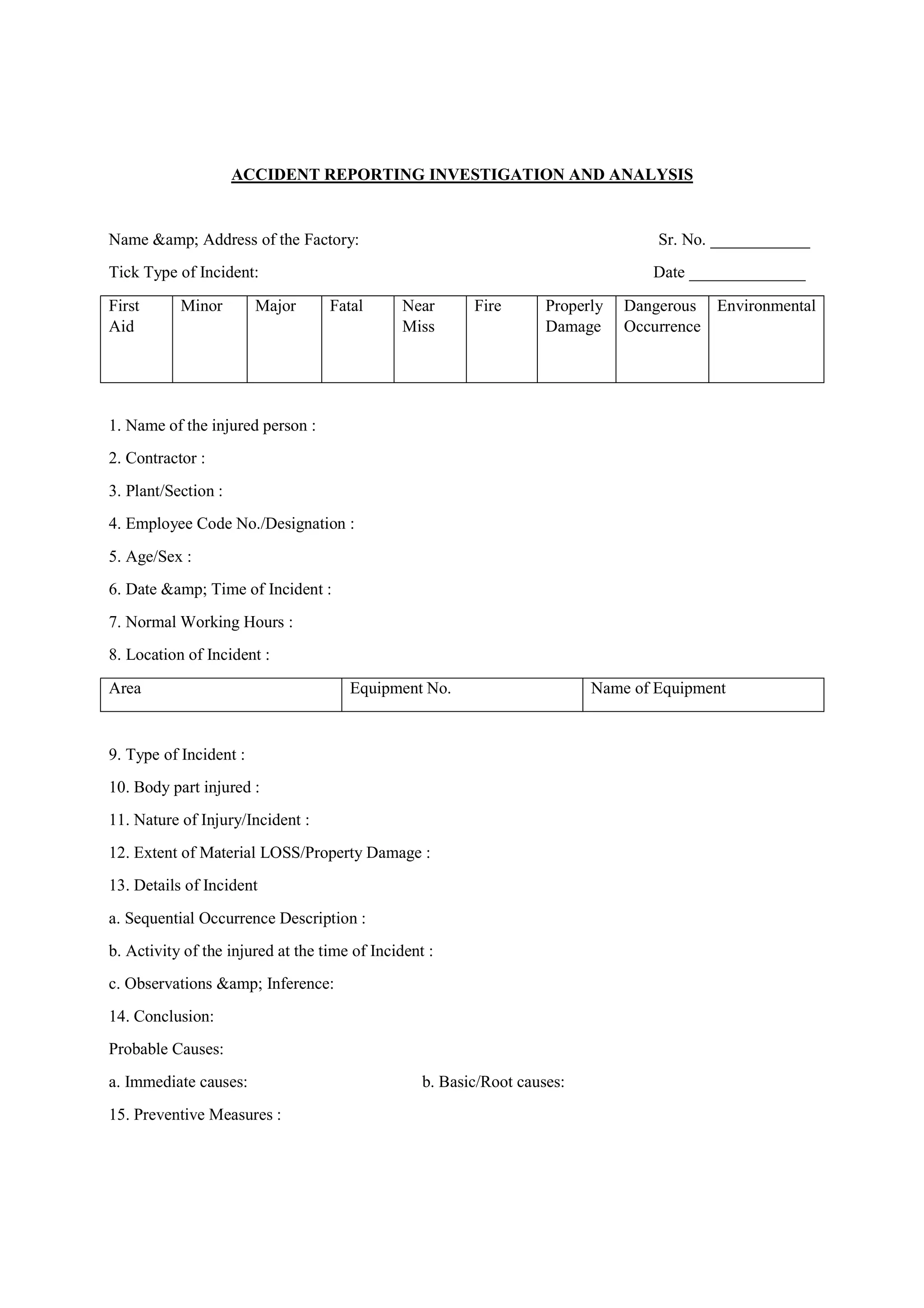 ACCIDENT REPORTING INVESTIGATION AND ANALYSIS
Name &amp; Address of the Factory: Sr. No. ____________
Tick Type of Incident: Date ______________
First
Aid
Minor Major Fatal Near
Miss
Fire Properly
Damage
Dangerous
Occurrence
Environmental
1. Name of the injured person :
2. Contractor :
3. Plant/Section :
4. Employee Code No./Designation :
5. Age/Sex :
6. Date &amp; Time of Incident :
7. Normal Working Hours :
8. Location of Incident :
Area Equipment No. Name of Equipment
9. Type of Incident :
10. Body part injured :
11. Nature of Injury/Incident :
12. Extent of Material LOSS/Property Damage :
13. Details of Incident
a. Sequential Occurrence Description :
b. Activity of the injured at the time of Incident :
c. Observations &amp; Inference:
14. Conclusion:
Probable Causes:
a. Immediate causes: b. Basic/Root causes:
15. Preventive Measures :
 