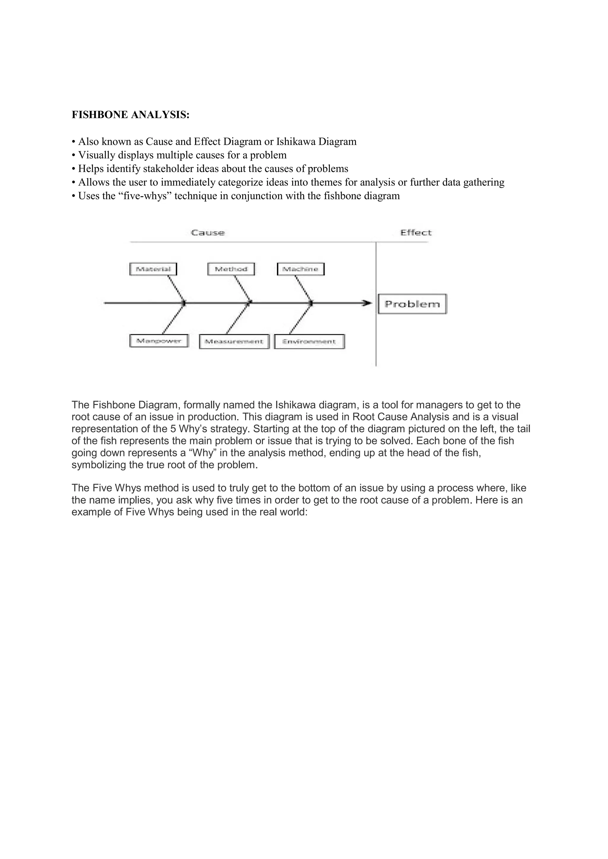 FISHBONE ANALYSIS:
• Also known as Cause and Effect Diagram or Ishikawa Diagram
• Visually displays multiple causes for a problem
• Helps identify stakeholder ideas about the causes of problems
• Allows the user to immediately categorize ideas into themes for analysis or further data gathering
• Uses the “five-whys” technique in conjunction with the fishbone diagram
The Fishbone Diagram, formally named the Ishikawa diagram, is a tool for managers to get to the
root cause of an issue in production. This diagram is used in Root Cause Analysis and is a visual
representation of the 5 Why’s strategy. Starting at the top of the diagram pictured on the left, the tail
of the fish represents the main problem or issue that is trying to be solved. Each bone of the fish
going down represents a “Why” in the analysis method, ending up at the head of the fish,
symbolizing the true root of the problem.
The Five Whys method is used to truly get to the bottom of an issue by using a process where, like
the name implies, you ask why five times in order to get to the root cause of a problem. Here is an
example of Five Whys being used in the real world:
 