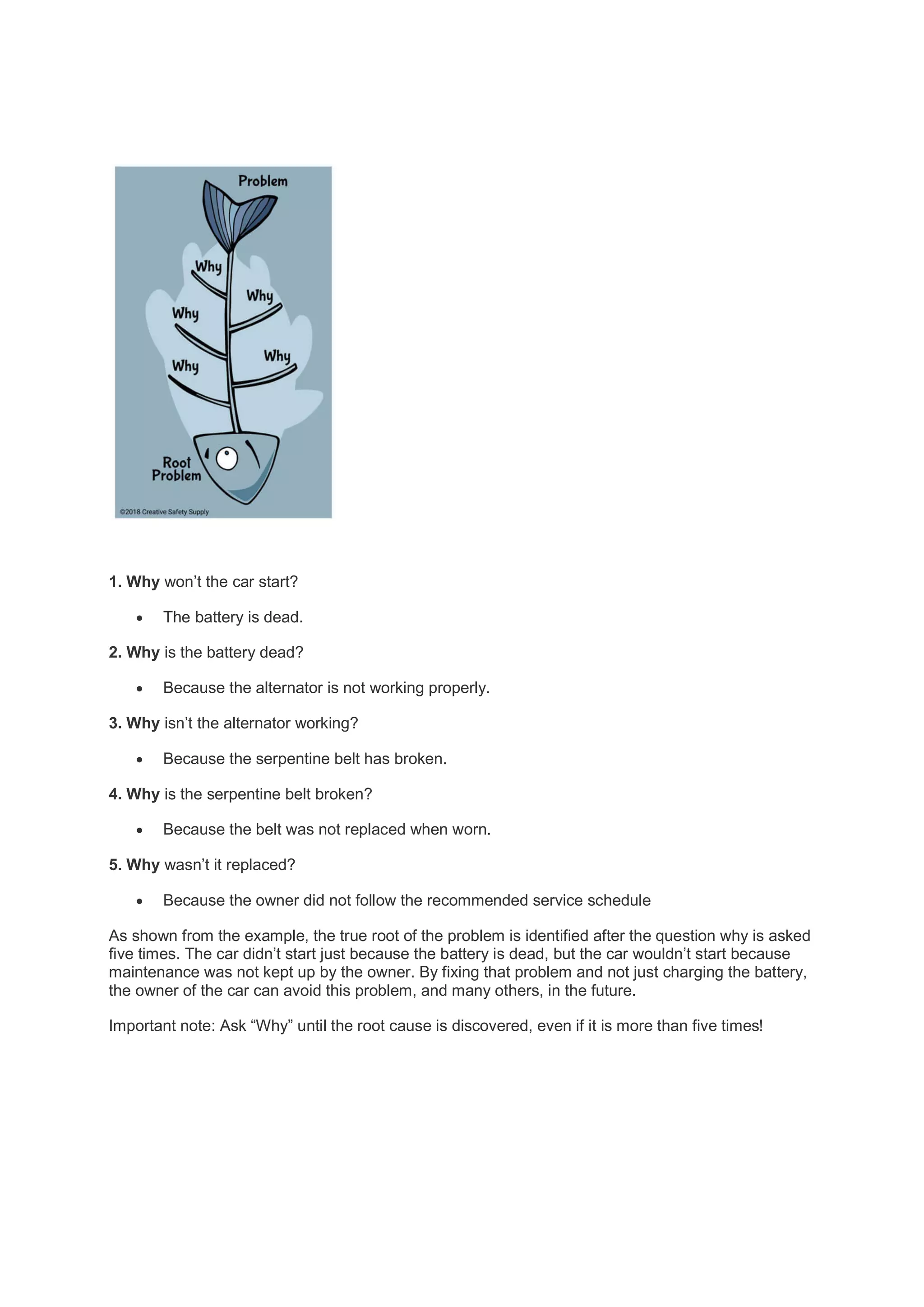 1. Why won’t the car start?
 The battery is dead.
2. Why is the battery dead?
 Because the alternator is not working properly.
3. Why isn’t the alternator working?
 Because the serpentine belt has broken.
4. Why is the serpentine belt broken?
 Because the belt was not replaced when worn.
5. Why wasn’t it replaced?
 Because the owner did not follow the recommended service schedule
As shown from the example, the true root of the problem is identified after the question why is asked
five times. The car didn’t start just because the battery is dead, but the car wouldn’t start because
maintenance was not kept up by the owner. By fixing that problem and not just charging the battery,
the owner of the car can avoid this problem, and many others, in the future.
Important note: Ask “Why” until the root cause is discovered, even if it is more than five times!
 