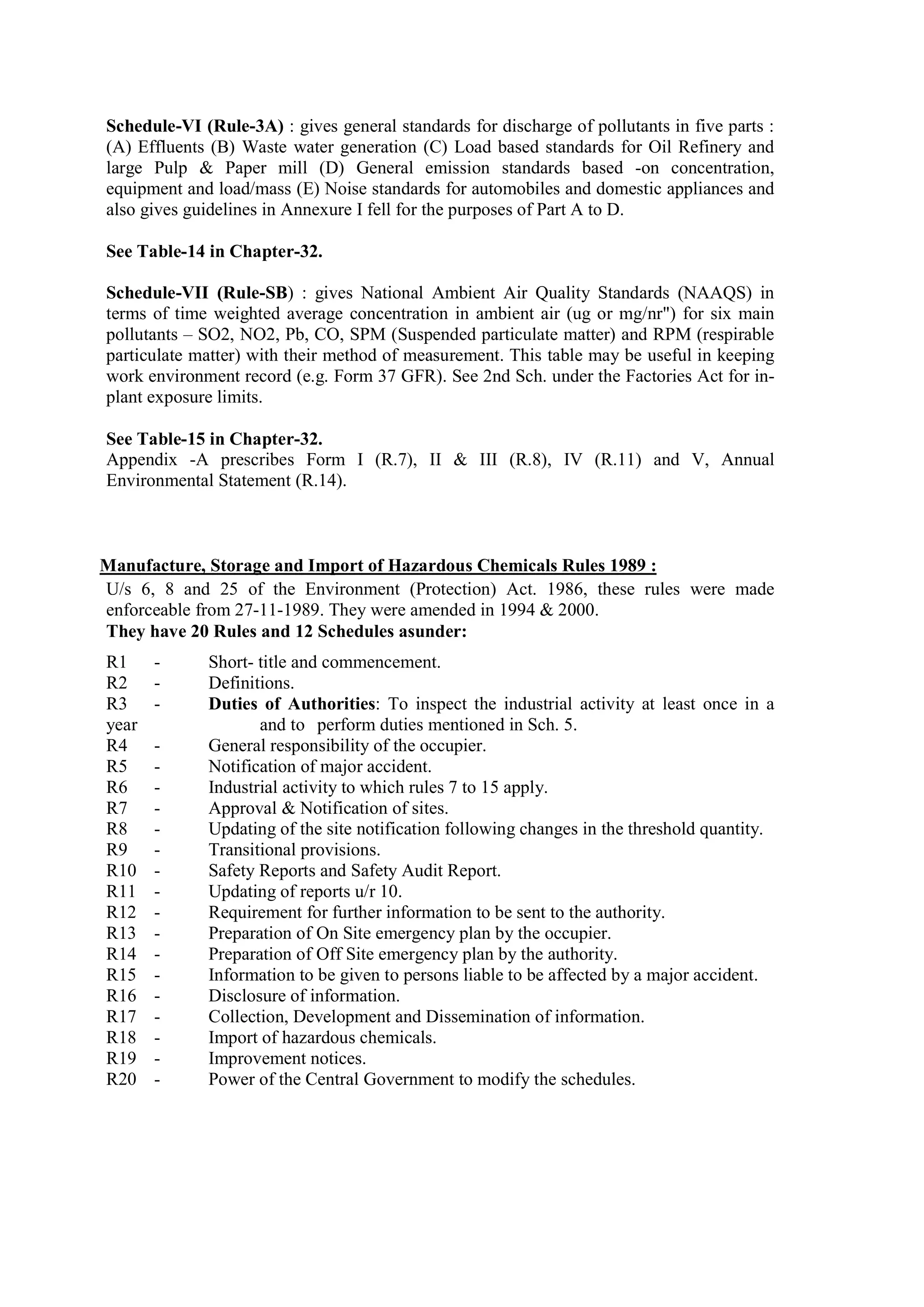 Schedule-VI (Rule-3A) : gives general standards for discharge of pollutants in five parts :
(A) Effluents (B) Waste water generation (C) Load based standards for Oil Refinery and
large Pulp & Paper mill (D) General emission standards based -on concentration,
equipment and load/mass (E) Noise standards for automobiles and domestic appliances and
also gives guidelines in Annexure I fell for the purposes of Part A to D.
See Table-14 in Chapter-32.
Schedule-VII (Rule-SB) : gives National Ambient Air Quality Standards (NAAQS) in
terms of time weighted average concentration in ambient air (ug or mg/nr") for six main
pollutants – SO2, NO2, Pb, CO, SPM (Suspended particulate matter) and RPM (respirable
particulate matter) with their method of measurement. This table may be useful in keeping
work environment record (e.g. Form 37 GFR). See 2nd Sch. under the Factories Act for in-
plant exposure limits.
See Table-15 in Chapter-32.
Appendix -A prescribes Form I (R.7), II & III (R.8), IV (R.11) and V, Annual
Environmental Statement (R.14).
Manufacture, Storage and Import of Hazardous Chemicals Rules 1989 :
U/s 6, 8 and 25 of the Environment (Protection) Act. 1986, these rules were made
enforceable from 27-11-1989. They were amended in 1994 & 2000.
They have 20 Rules and 12 Schedules asunder:
R1 - Short- title and commencement.
R2 - Definitions.
R3 - Duties of Authorities: To inspect the industrial activity at least once in a
year ……………...and to perform duties mentioned in Sch. 5.
R4 - General responsibility of the occupier.
R5 - Notification of major accident.
R6 - Industrial activity to which rules 7 to 15 apply.
R7 - Approval & Notification of sites.
R8 - Updating of the site notification following changes in the threshold quantity.
R9 - Transitional provisions.
R10 - Safety Reports and Safety Audit Report.
R11 - Updating of reports u/r 10.
R12 - Requirement for further information to be sent to the authority.
R13 - Preparation of On Site emergency plan by the occupier.
R14 - Preparation of Off Site emergency plan by the authority.
R15 - Information to be given to persons liable to be affected by a major accident.
R16 - Disclosure of information.
R17 - Collection, Development and Dissemination of information.
R18 - Import of hazardous chemicals.
R19 - Improvement notices.
R20 - Power of the Central Government to modify the schedules.
 
