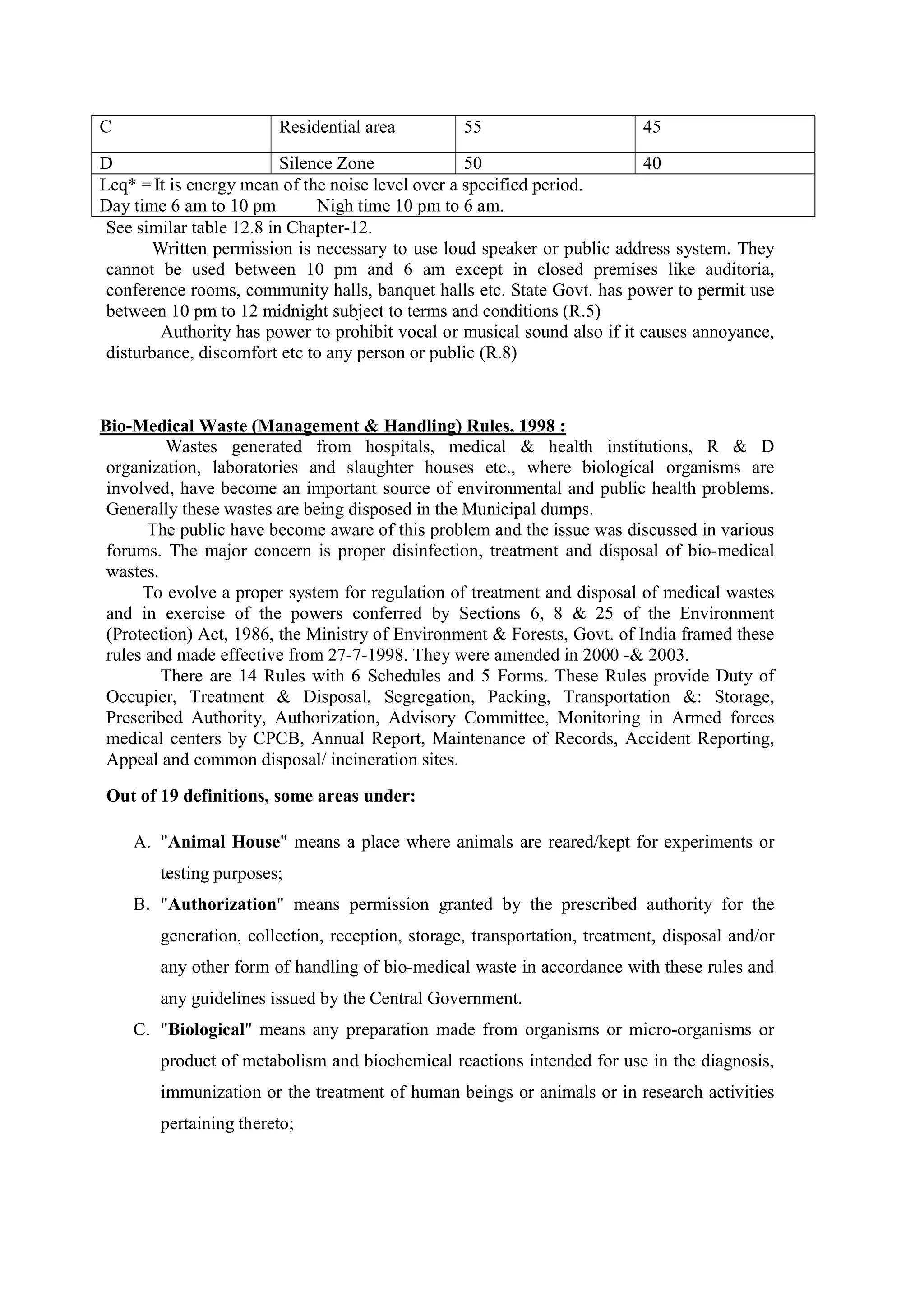 C Residential area 55 45
D Silence Zone 50 40
Leq* =It is energy mean of the noise level over a specified period.
Day time 6 am to 10 pm Nigh time 10 pm to 6 am.
See similar table 12.8 in Chapter-12.
Written permission is necessary to use loud speaker or public address system. They
cannot be used between 10 pm and 6 am except in closed premises like auditoria,
conference rooms, community halls, banquet halls etc. State Govt. has power to permit use
between 10 pm to 12 midnight subject to terms and conditions (R.5)
Authority has power to prohibit vocal or musical sound also if it causes annoyance,
disturbance, discomfort etc to any person or public (R.8)
Bio-Medical Waste (Management & Handling) Rules, 1998 :
Wastes generated from hospitals, medical & health institutions, R & D
organization, laboratories and slaughter houses etc., where biological organisms are
involved, have become an important source of environmental and public health problems.
Generally these wastes are being disposed in the Municipal dumps.
The public have become aware of this problem and the issue was discussed in various
forums. The major concern is proper disinfection, treatment and disposal of bio-medical
wastes.
To evolve a proper system for regulation of treatment and disposal of medical wastes
and in exercise of the powers conferred by Sections 6, 8 & 25 of the Environment
(Protection) Act, 1986, the Ministry of Environment & Forests, Govt. of India framed these
rules and made effective from 27-7-1998. They were amended in 2000 -& 2003.
There are 14 Rules with 6 Schedules and 5 Forms. These Rules provide Duty of
Occupier, Treatment & Disposal, Segregation, Packing, Transportation &: Storage,
Prescribed Authority, Authorization, Advisory Committee, Monitoring in Armed forces
medical centers by CPCB, Annual Report, Maintenance of Records, Accident Reporting,
Appeal and common disposal/ incineration sites.
Out of 19 definitions, some areas under:
A. "Animal House" means a place where animals are reared/kept for experiments or
testing purposes;
B. "Authorization" means permission granted by the prescribed authority for the
generation, collection, reception, storage, transportation, treatment, disposal and/or
any other form of handling of bio-medical waste in accordance with these rules and
any guidelines issued by the Central Government.
C. "Biological" means any preparation made from organisms or micro-organisms or
product of metabolism and biochemical reactions intended for use in the diagnosis,
immunization or the treatment of human beings or animals or in research activities
pertaining thereto;
 