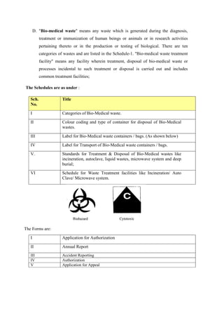 D. "Bio-medical waste" means any waste which is generated during the diagnosis,
treatment or immunization of human beings or animals or in research activities
pertaining thereto or in the production or testing of biological. There are ten
categories of wastes and are listed in the Schedule-1. "Bio-medical waste treatment
facility" means any facility wherein treatment, disposal of bio-medical waste or
processes incidental to such treatment or disposal is carried out and includes
common treatment facilities;
The Schedules are as under :
Sch.
No.
Title
I Categories of Bio-Medical waste.
II Colour coding and type of container for disposal of Bio-Medical
wastes.
III Label for Bio-Medical waste containers / bags. (As shown below)
IV Label for Transport of Bio-Medical waste containers / bags.
V. Standards for Treatment & Disposal of Bio-Medical wastes like
incineration, autoclave, liquid wastes, microwave system and deep
burial;
VI Schedule for Waste Treatment facilities like Incineration/ Auto
Clave/ Microwave system.
The Forms are:
I Application for Authorization
II Annual Report
III Accident Reporting
IV Authorization
V Application for Appeal
 