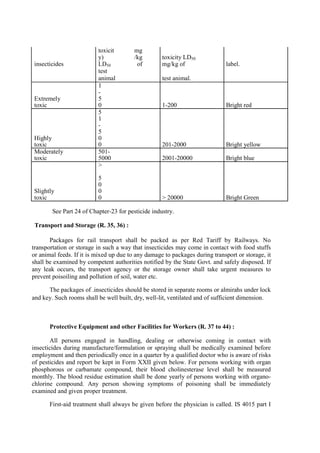 insecticides
toxicit
y)
LD50
mg
/kg
of
toxicity LD50
mg/kg of label.
test
animal test animal.
Extremely
toxic
1
-
5
0 1-200 Bright red
Highly
toxic
5
1
-
5
0
0 201-2000 Bright yellow
Moderately
toxic
501-
5000 2001-20000 Bright blue
Slightly
toxic
>
5
0
0
0 > 20000 Bright Green
See Part 24 of Chapter-23 for pesticide industry.
Transport and Storage (R. 35, 36) :
Packages for rail transport shall be packed as per Red Tariff by Railways. No
transportation or storage in such a way that insecticides may come in contact with food stuffs
or animal feeds. If it is mixed up due to any damage to packages during transport or storage, it
shall be examined by competent authorities notified by the State Govt. and safely disposed. If
any leak occurs, the transport agency or the storage owner shall take urgent measures to
prevent poisoiling and pollution of soil, water etc.
The packages of .insecticides should be stored in separate rooms or almirahs under lock
and key. Such rooms shall be well built, dry, well-lit, ventilated and of sufficient dimension.
Protective Equipment and other Facilities for Workers (R. 37 to 44) :
All persons engaged in handling, dealing or otherwise coming in contact with
insecticides during manufacture/formulation or spraying shall be medically examined before
employment and then periodically once in a quarter by a qualified doctor who is aware of risks
of pesticides and report be kept in Form XXII given below. For persons working with organ
phosphorous or carbamate compound, their blood cholinesterase level shall be measured
monthly. The blood residue estimation shall be done yearly of persons working with organo-
chlorine compound. Any person showing symptoms of poisoning shall be immediately
examined and given proper treatment.
First-aid treatment shall always be given before the physician is called. IS 4015 part I
 