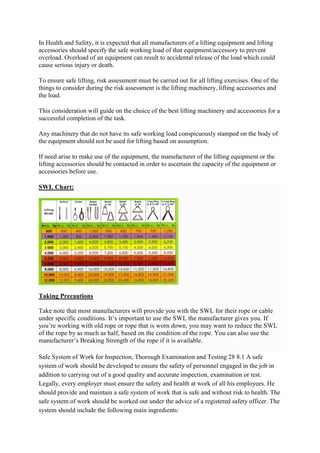 In Health and Safety, it is expected that all manufacturers of a lifting equipment and lifting
accessories should specify the safe working load of that equipment/accessory to prevent
overload. Overload of an equipment can result to accidental release of the load which could
cause serious injury or death.
To ensure safe lifting, risk assessment must be carried out for all lifting exercises. One of the
things to consider during the risk assessment is the lifting machinery, lifting accessories and
the load.
This consideration will guide on the choice of the best lifting machinery and accessories for a
successful completion of the task.
Any machinery that do not have its safe working load conspicuously stamped on the body of
the equipment should not be used for lifting based on assumption.
If need arise to make use of the equipment, the manufacturer of the lifting equipment or the
lifting accessories should be contacted in order to ascertain the capacity of the equipment or
accessories before use.
SWL Chart:
Taking Precautions
Take note that most manufacturers will provide you with the SWL for their rope or cable
under specific conditions. It’s important to use the SWL the manufacturer gives you. If
you’re working with old rope or rope that is worn down, you may want to reduce the SWL
of the rope by as much as half, based on the condition of the rope. You can also use the
manufacturer’s Breaking Strength of the rope if it is available.
Safe System of Work for Inspection, Thorough Examination and Testing 28 8.1 A safe
system of work should be developed to ensure the safety of personnel engaged in the job in
addition to carrying out of a good quality and accurate inspection, examination or test.
Legally, every employer must ensure the safety and health at work of all his employees. He
should provide and maintain a safe system of work that is safe and without risk to health. The
safe system of work should be worked out under the advice of a registered safety officer. The
system should include the following main ingredients:
 