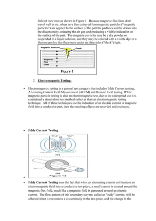 field of their own as shown in Figure 1. Because magnetic flux lines don't
travel well in air, when very fine coloured ferromagnetic particles ("magnetic
particles") are applied to the surface of the part the particles will be drawn into
the discontinuity, reducing the air gap and producing a visible indication on
the surface of the part. The magnetic particles may be a dry powder or
suspended in a liquid solution, and they may be colored with a visible dye or a
fluorescent dye that fluoresces under an ultraviolet ("black") light.
2. Electromagnetic Testing:
 Electromagnetic testing is a general test category that includes Eddy Current testing,
Alternating Current Field Measurement (ACFM) and Remote Field testing. While
magnetic particle testing is also an electromagnetic test, due to its widespread use it is
considered a stand-alone test method rather as than an electromagnetic testing
technique. All of these techniques use the induction of an electric current or magnetic
field into a conductive part, then the resulting effects are recorded and evaluated.
 Eddy Current Testing

 Eddy Current Testing uses the fact that when an alternating current coil induces an
electromagnetic field into a conductive test piece, a small current is created around the
magnetic flux field, much like a magnetic field is generated around an electric
current. The flow pattern of this secondary current, called an "eddy" current, will be
affected when it encounters a discontinuity in the test piece, and the change in the
 