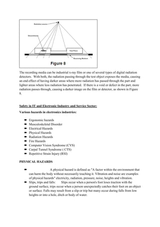The recording media can be industrial x-ray film or one of several types of digital radiation
detectors. With both, the radiation passing through the test object exposes the media, causing
an end effect of having darker areas where more radiation has passed through the part and
lighter areas where less radiation has penetrated. If there is a void or defect in the part, more
radiation passes through, causing a darker image on the film or detector, as shown in Figure
8.
Safety in IT and Electronic Industry and Service Sector:
Various hazards in electronics industries:
 Ergonomic hazards
 Musculoskeletal Disorder
 Electrical Hazards
 Physical Hazards
 Radiation Hazards
 Fire Hazards
 Computer Vision Syndrome (CVS)
 Carpal Tunnel Syndrome ( CTS)
 Repetitive Strain Injury (RSI)
PHYSICAL HAZARDS
 A physical hazard is defined as "A factor within the environment that
can harm the body without necessarily touching it. Vibration and noise are examples
of physical hazards" electricity, radiation, pressure, noise, heights and vibration.
 Slips, trips and falls: Slips occur when a person's foot loses traction with the
ground surface, trips occur when a person unexpectedly catches their foot on an object
or surface. Falls may result from a slip or trip but many occur during falls from low
heights or into a hole, ditch or body of water.
 
