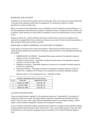 REPORTING AND ACCIDENT
Accidents are of vital concern to anyone involved with safety. They are the end resuit of many fauits both
on the part of the employees and the part of management. It is the primary objective of safety
practitioners to reduce accident rates.
Before an accident can be analysed &its causes established, it must be reported concerned authority or to
the safety department. Reporting minor accidents is important because. If a pattern of minor accidents can
be spotted, control measures can more likely be instituted to correct the situation before a severe accident
occurs.
Because of unsafe acts / unsafe conditions near-misses accident starts, if near-miss accidents are not
reported & investigated then minor accidents are obvious to occur and if we have not paid any attention to
these accidents finally major accident is possible.
REPOTABIE ACCIDENT (REPORTING TO STATULORY AUTHORITY)
In any factory an accident occurs which causes death or which causes any bodily injury by reason of
which the person injured is prevented from working for a period of 48 hrs or more immediately following
the accident.
1. MINOR INJURY ACCIDENT – Reportable Minor injury accident to be reported to statutory
authority in Form 24 within 24 hrs.
2. Accident of serious nature – Reportable Accident of serious nature, to be reported to statutory
authority, in Form 24 within 4 hrs.
3. Dangerous occurrence – Reportable Dangerous occurrence to be reported to statulory authority,
in Form 24 A within 4hrs.
4. Poisoning or Disease – Poisoning or Disease to be reported to statutory authority in Form 25
within 4 hrs. A register in F-30 format is to be maintained to record the reportable accidents.
Separate register is to be maintained for non – reportable accident.
Accident reportable under various statues
Sr. No. Under Act Required Form No.
1 Factory act 1948 Form No. 24
2 ESIC Act 1948 Form No. 12
3 BOCW Act 1996 Form No. 18
ACCIDENT INVESTIGATION
Once an accident has been reported, it is the department supervisor’s responsibility to investigate all
accidents no matters how small. This helps make the supervisor responsible &accountable for safety
actions. There are cases, where safety officer & departmental supervisor investigate accidents. And for
major or critical accident management constitute an investigation committee.
In case of statutory reportable accidents, generally factor inspectors investigate serious and fatal accidents
and give detailed report showing the facts, breach of law, if any, and remedial measures. They may order
to prohibit the use of some plant, equipment, process or premises, if it is found of imminent danger to
them.
 