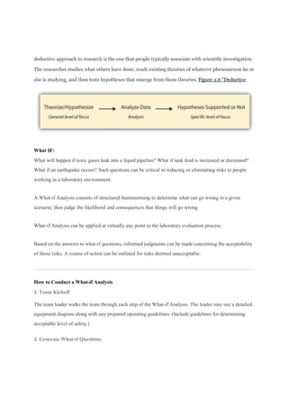 deductive approach to research is the one that people typically associate with scientific investigation.
The researcher studies what others have done, reads existing theories of whatever phenomenon he or
she is studying, and then tests hypotheses that emerge from those theories. Figure 2.6 "Deductive
What IF:
What will happen if toxic gases leak into a liquid pipeline? What if tank feed is increased or decreased?
What if an earthquake occurs? Such questions can be critical in reducing or eliminating risks to people
working in a laboratory environment.
A What-if Analysis consists of structured brainstorming to determine what can go wrong in a given
scenario; then judge the likelihood and consequences that things will go wrong.
What-if Analysis can be applied at virtually any point in the laboratory evaluation process.
Based on the answers to what-if questions, informed judgments can be made concerning the acceptability
of those risks. A course of action can be outlined for risks deemed unacceptable.
How to Conduct a What-if Analysis
1. Team Kickoff
The team leader walks the team through each step of the What-if Analysis. The leader may use a detailed
equipment diagram along with any prepared operating guidelines. (Include guidelines for determining
acceptable level of safety.)
2. Generate What-if Questions
 