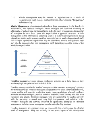 5. Middle management may be reduced in organizations as a result of
reorganization. Such changes can take the form of downsizing, "
and outsourcing.
Middle Management :-Most organizations have three management levels: first
middle-level, and top-level managers. These managers are classified according to
a hierarchy of authorityand perform different tasks. In many organizations, the number
of managers in each level gives the organization a pyramid structure. Middle
management is the intermediate
subordinate to the senior management but above the lowest levels of operational staff.
For example, operational supervisors may be considered middle management; they
may also be categorized as non
particular organization.
Frontline managers oversee primary production activities on a daily basis, so they
need very high interpersonal and technical skills.
Frontline management is the level of management that oversees a company's primary
production activities. Frontline
ensure quality and quantity production, make recommendations, channel employee
problems to other managers, provide technical expertise, check quality, and deal with
customers and clients. Frontline
with the operating personnel need very high interpersonal and technical
Frontline managers are actively involved in operations; examples of frontline
management include a store man
Frontline managers are managers who are responsible for a work group to a higher
level of management. They are normally in the lower layers of the management
Middle management may be reduced in organizations as a result of
reorganization. Such changes can take the form of downsizing, "
and outsourcing.
Most organizations have three management levels: first
level managers. These managers are classified according to
and perform different tasks. In many organizations, the number
of managers in each level gives the organization a pyramid structure. Middle
management is the intermediate leadership level of a hierarchical organization, being
subordinate to the senior management but above the lowest levels of operational staff.
For example, operational supervisors may be considered middle management; they
may also be categorized as non-management staff, depending upon the policy of the
oversee primary production activities on a daily basis, so they
need very high interpersonal and technical skills.
Frontline management is the level of management that oversees a company's primary
activities. Frontline managers assign employees tasks, supervise employees,
ensure quality and quantity production, make recommendations, channel employee
problems to other managers, provide technical expertise, check quality, and deal with
lients. Frontline managers who are responsible for dealing directly
with the operating personnel need very high interpersonal and technical
managers are actively involved in operations; examples of frontline
management include a store manager or manufacturing facility manager.
Frontline managers are managers who are responsible for a work group to a higher
level of management. They are normally in the lower layers of the management
Middle management may be reduced in organizations as a result of
reorganization. Such changes can take the form of downsizing, "de-layering,"
Most organizations have three management levels: first-level,
level managers. These managers are classified according to
and perform different tasks. In many organizations, the number
of managers in each level gives the organization a pyramid structure. Middle
level of a hierarchical organization, being
subordinate to the senior management but above the lowest levels of operational staff.
For example, operational supervisors may be considered middle management; they
ment staff, depending upon the policy of the
oversee primary production activities on a daily basis, so they
Frontline management is the level of management that oversees a company's primary
managers assign employees tasks, supervise employees,
ensure quality and quantity production, make recommendations, channel employee
problems to other managers, provide technical expertise, check quality, and deal with
managers who are responsible for dealing directly
with the operating personnel need very high interpersonal and technical skills.
managers are actively involved in operations; examples of frontline
ager or manufacturing facility manager.
Frontline managers are managers who are responsible for a work group to a higher
level of management. They are normally in the lower layers of the management
 