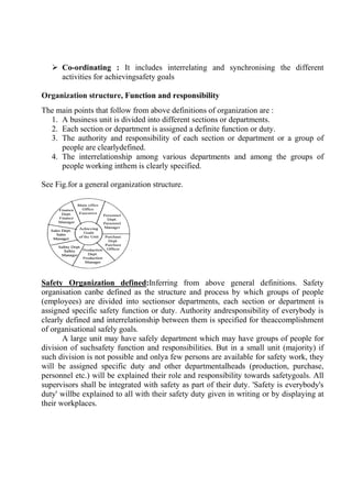  Co-ordinating : It includes interrelating and synchronising the different
activities for achievingsafety goals
Organization structure, Function and responsibility
The main points that follow from above definitions of organization are :
1. A business unit is divided into different sections or departments.
2. Each section or department is assigned a definite function or duty.
3. The authority and responsibility of each section or department or a group of
people are clearlydefined.
4. The interrelationship among various departments and among the groups of
people working inthem is clearly specified.
See Fig.for a general organization structure.
Safety Organization defined:Inferring from above general definitions. Safety
organisation canbe defined as the structure and process by which groups of people
(employees) are divided into sectionsor departments, each section or department is
assigned specific safety function or duty. Authority andresponsibility of everybody is
clearly defined and interrelationship between them is specified for theaccomplishment
of organisational safely goals.
A large unit may have safely department which may have groups of people for
division of suchsafety function and responsibilities. But in a small unit (majority) if
such division is not possible and onlya few persons are available for safety work, they
will be assigned specific duty and other departmentalheads (production, purchase,
personnel etc.) will be explained their role and responsibility towards safetygoals. All
supervisors shall be integrated with safety as part of their duty. 'Safety is everybody's
duty' willbe explained to all with their safety duty given in writing or by displaying at
their workplaces.
 