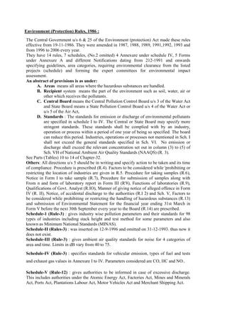 Environment (Protection) Rules, 1986 :
The Central Government u/s 6 & 25 of the Environment (protection) Act made these rules
effective from 19-11-1986. They were amended in 1987, 1988, 1989, 1991,1992, 1993 and
from 1996 to 2006 every year.
They have 14 rules, 7 schedules, (No.2 omitted) 4 Annexure under schedule IV, 5 Forms
under Annexure A and different Notifications dating from 212-1991 and onwards
specifying guidelines, area categories, requiring environmental clearance from the listed
projects (schedule) and forming the expert committees for environmental impact
assessment.
An abstract of provisions is as under:
A. Areas means all areas where the hazardous substances are handled.
B. Recipient system means the part of the environment such as soil, water, air or
other which receives the pollutants.
C. Central Board means the Central Pollution Control Board u/s 3 of the Water Act
and State Board means a State Pollution Control Board u/s 4 of the Water Act or
u/s 5 of the Air Act,
D. Standards : The standards for emission or discharge of environmental pollutants
are specified in schedule I to IV. The Central or State Board may specify more
stringent standards. These standards shall be complied with by an industry,
operation or process within a period of one year of being so specified. The board
can reduce this period. Industries, operations or processes not mentioned in Sch. I
shall not exceed the general standards specified in Sch. VI. No emission or
discharge shall exceed the relevant concentration set out in column (3) to (5) of
Sch. VH of National Ambient Air Quality Standards (NAAQS) (R. 3).
See Parts (Tables) 10 to 14 of Chapter-32.
Others: All directions u/s 5 should be in writing and specify action to be taken and its time
of compliance. Procedure is prescribed (R.4). Factors to be considered while 'prohibiting or
restricting the location of industries are given in R.5. Procedure for taking samples (R.6),
Notice in Form I to take sample (R.7), Procedure for submission of samples along with
From n and form of laboratory report in Form III (R'8), Functions of laboratories (R.9),
Qualifications of Govt. Analyst (R.IO), Manner of giving notice of alleged offence in Form
IV (R. II), Notice, of accidental discharge to the authorities (R.I 2) and Sch. V, Factors to
be considered while prohibiting or restricting the handling of hazardous substances (R.13)
and submission of Environmental Statement for the financial year ending 31st March in
Form V before the next 30th September every year to the Board (R.14) are prescribed.
Schedule-1 (Rule-3) : gives industry wise pollution parameters and their standards for 98
types of industries including stack height and test method for some parameters and also
known as Minimum National Standards (MINAS).
Schedule-II (Rules-3) : was inserted on 12-9-1996 and omitted on 31-12-1993. thus now it
does not exist.
Schedule-III (Rule-3) : gives ambient air quality standards for noise for 4 categories of
area and time. Limits in dB vary from 40 to 75.
Schedule-IV (Rule-3) : specifies standards for vehicular emission, types of fuel and tests
and exhaust gas values in Annexure I to IV. Parameters considered are CO, HC and NO..
Schedule-V (Rule-12) : gives authorities to be informed in case of excessive discharge.
This includes authorities under the Atomic Energy Act, Factories Act, Mines and Minerals
Act, Ports Act, Plantations Labour Act, Motor Vehicles Act and Merchant Shipping Act.
 