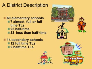 A District Description 60 elementary schools 7 almost  full or full time TLs 22 half-time 33  less than half-time 14 secondary schools 12 full time TLs 2 halftime TLs   
