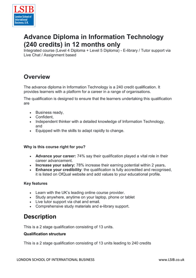 Advance Diploma in Information Technology (240 credits) in 12 months ...