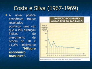 Costa e Silva (1967-1969) A nova política econômica trouxe resultados positivos, uma vez que o PIB alcançou índices de crescimento da ordem de 10 e 11,2% - iniciava-se o  “Milagre econômico brasileiro” . 