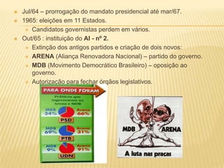    Jul/64 – prorrogação do mandato presidencial até mar/67.
   1965: eleições em 11 Estados.
      Candidatos governist...