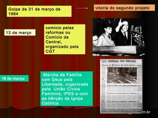 arnaldolemos@uol.com.br 
Golpe de 31 de março de 
1964 
13 de março 
19 de março 
vitoria do segundo projeto 
comicio pelas 
reformas ou 
Comicio da 
Central, 
organizado pela 
CGT 
Marcha da Família 
com Deus pela 
Liberdade, organizada 
pela União Cívica 
Feminina, IPES e com 
as bênção da Igreja 
Católica 
 