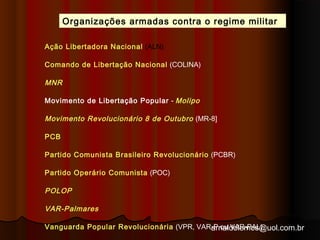 Organizações armadas contra o regime militar 
Ação Libertadora Nacional (ALN) 
Comando de Libertação Nacional (COLINA) 
MNR 
Movimento de Libertação Popular - Molipo 
Movimento Revolucionário 8 de Outubro (MR-8] 
PCB 
Partido Comunista Brasileiro Revolucionário (PCBR) 
Partido Operário Comunista (POC) 
POLOP 
VAR-Palmares 
Vanguarda Popular Revolucionária (VPR, VAR-P ou VAR-PAL) 
arnaldolemos@uol.com.br 
 
