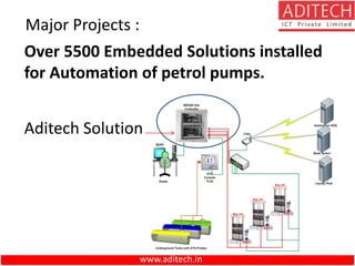 Major Projects :
Over 5500 Embedded Solutions installed
for Automation of petrol pumps.
Aditech Solution
www.aditech.in
 