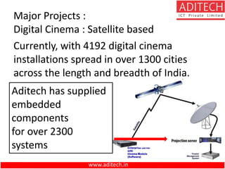 Major Projects :
Digital Cinema : Satellite based
Currently, with 4192 digital cinema
installations spread in over 1300 cities
across the length and breadth of India.
Aditech has supplied
embedded
components
for over 2300
systems
www.aditech.in
 