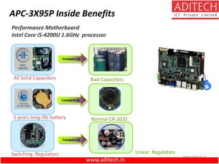 www.aditech.in
Bad CapacitorsAll Solid Capacitors
Compare to
5 years long-life battery Normal CR-2032
Switching Regulators Linear Regulators
Compare to
Compare to
APC-3X95P Inside Benefits
Performance Motherboard
Intel Core i5-4200U 1.6GHz processor
www.aditech.in
 
