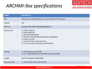 www.aditech.in
ARCHMI-9xx specifications
Model ARCHMI-9xx
CPU Onboard Intel Haswell 4th Gen. Core i7/i5/i3 CPU Processors
Chipset SoC
Memory Onboard 4GB DDR3 SDRAM/8GB(option)
External I/O 2 x USB 3.0 type A
2 x GbE LAN RJ-45
1 x RS-232 DB-9(COM2)
1 x DB-9 RS-232/422/485 (Default RS-232)(COM1)
1 x Audio Line Out
1 x 3-pin DC Power input terminal
1 x 2-pin connector for power on/off button
Storage 1 x SD card slot, up to 32GB
1 x 2.5" SATA HDD bay for SATA HDD (Easy Accessible)
Graphic Intel® HD Graphics 4400/4200
Expansion Slot 1 x Internal Mini-PCIe slot full size
www.aditech.in
 