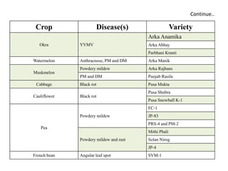 Continue..
Crop Disease(s) Variety
Okra YVMV
Arka Anamika
Arka Abhay
Parbhani Kranti
Watermelon Anthracnose, PM and DM Arka Manik
Muskmelon
Powdery mildew Arka Rajhans
PM and DM Punjab Rasila
Cabbage Black rot Pusa Mukta
Cauliflower Black rot
Pusa Shubra
Pusa Snowball K-1
Pea
Powdery mildew
FC-1
JP-83
PRS-4 and PM-2
Powdery mildew and rust
Mithi Phali
Solan Nirog
JP-4
French bean Angular leaf spot SVM-1
 