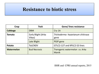 Resistance to biotic stress
Crop Trait Gene/ lines resistance
Cabbage DBM Cry 1A
Tomato Early Blight (Arka
Vikas)
Trichoderma hazarianum chitinase
gene
Late Blight PGIP gene
Potato ToLCNDV GTLC2-127 and KPLC2-53 lines
Watermelon Bud Necrosis Transgenic watermelon cv. Arka
Manik
IIHR and CPRI annual reports, 2015
 