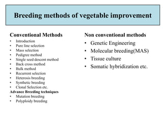 Breeding methods of vegetable improvement
Conventional Methods
• Introduction
• Pure line selection
• Mass selection
• Pedigree method
• Single seed descent method
• Back cross method
• Bulk method
• Recurrent selection
• Heterosis breeding
• Synthetic breeding
• Clonal Selection etc.
Advance Breeding techniques
• Mutation breeding
• Polyploidy breeding
Non conventional methods
• Genetic Engineering
• Molecular breeding(MAS)
• Tissue culture
• Somatic hybridization etc.
 