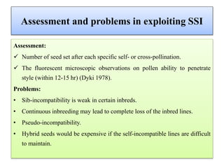 Assessment and problems in exploiting SSI
Assessment:
 Number of seed set after each specific self- or cross-pollination.
 The fluorescent microscopic observations on pollen ability to penetrate
style (within 12-15 hr) (Dyki 1978).
Problems:
• Sib-incompatibility is weak in certain inbreds.
• Continuous inbreeding may lead to complete loss of the inbred lines.
• Pseudo-incompatibility.
• Hybrid seeds would be expensive if the self-incompatible lines are difficult
to maintain.
 