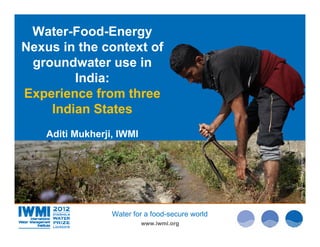 Water-Food-Energy
Nexus in the context of
 groundwater use in
        India:
Experience from three
    Indian States
    Aditi Mukherji, IWMI




                                                  Photo :Tom van Cakenberghe/IWMI
                                                  Photo: Tom van Cakenberghe/IWMI
                                                  Photo: David Brazier/IWMI
                  Water for a food-secure world
                           www.iwmi.org
 