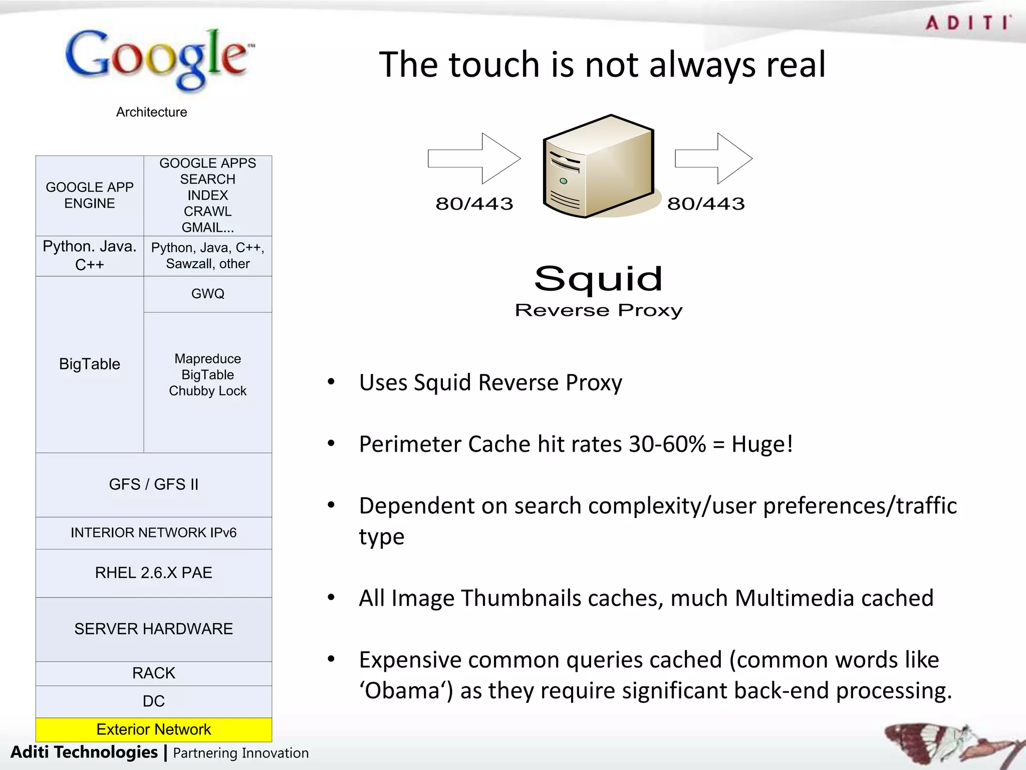 The touch is not always real
              Architecture


                     GOOGLE APPS
                        SEARCH
    GOOGLE APP
                          INDEX
      ENGINE
                         CRAWL                         80/443                80/443
                         GMAIL...
    Python. Java.   Python, Java, C++,
        C++           Sawzall, other

                             GWQ
                                                                 Squid
                                                                Reverse Proxy


      BigTable            Mapreduce
                           BigTable
                         Chubby Lock         • Uses Squid Reverse Proxy

                                             • Perimeter Cache hit rates 30-60% = Huge!
             GFS / GFS II
                                             • Dependent on search complexity/user preferences/traffic
        INTERIOR NETWORK IPv6
                                               type
           RHEL 2.6.X PAE
                                             • All Image Thumbnails caches, much Multimedia cached
        SERVER HARDWARE

                 RACK
                                             • Expensive common queries cached (common words like
                    DC
                                               ‘Obama‘) as they require significant back-end processing.
            Exterior Network                                                                           12
Aditi Technologies | Partnering Innovation
 