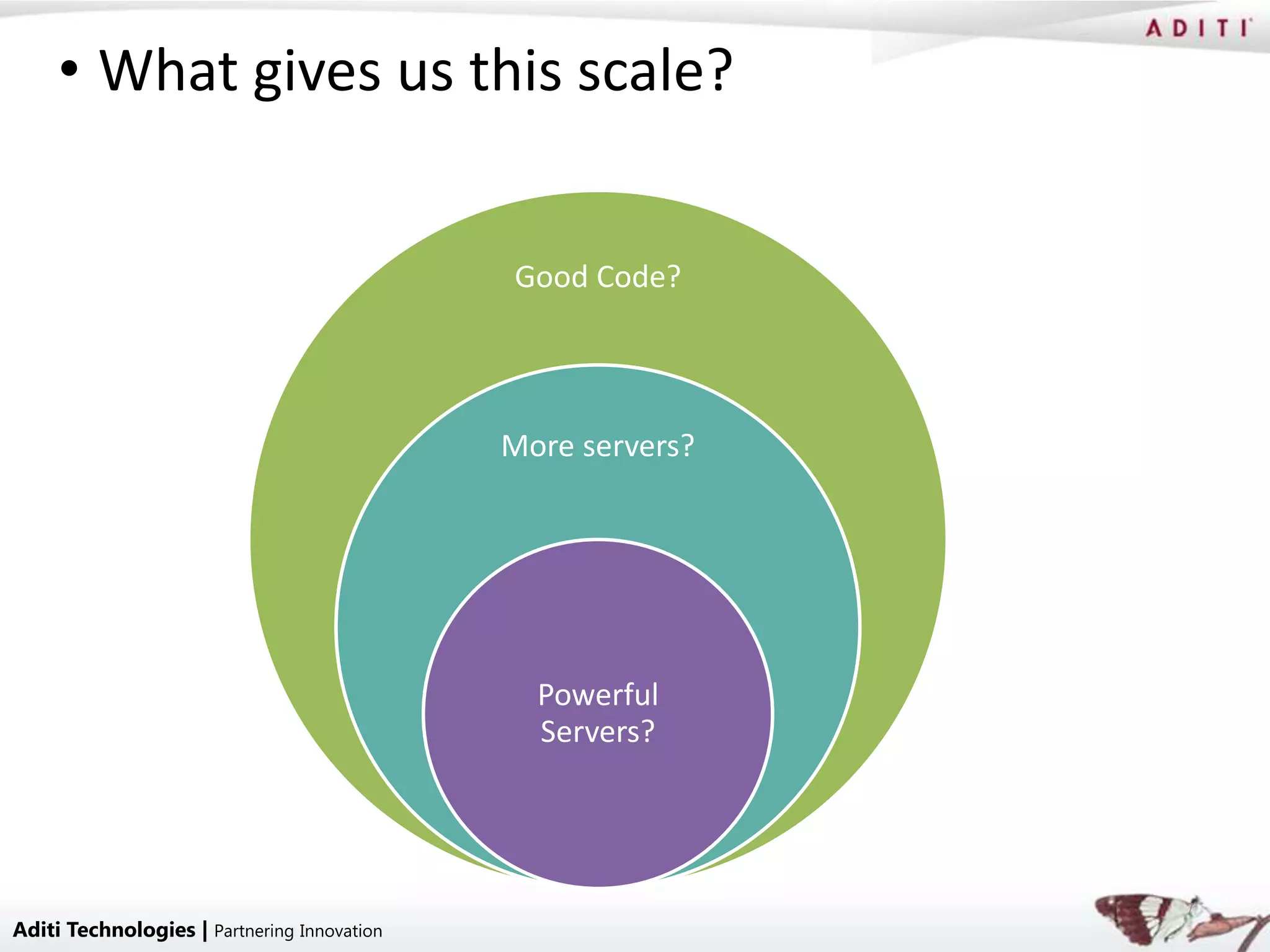 • What gives us this scale?


                                             Good Code?




                                             More servers?




                                               Powerful
                                               Servers?




                                                             7
Aditi Technologies | Partnering Innovation
 